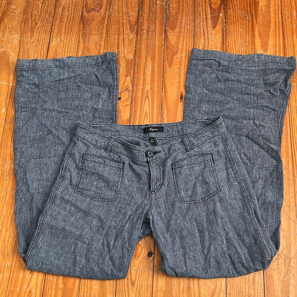 Low rise blue linen flare pants